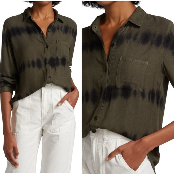 Rails Hunter Tie Dye Herringbone Button Down Shirt in Olive Black Waves size XS - Picture 2 of 16
